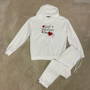 Men Letter & Heart Print Hoodie & Sweatpants Set Size M White